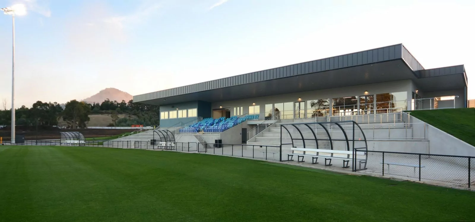 The spectator stands, steps and sports oval perimeter of the Dial Regional Sports Complex. The building features a 150-seat function room, commercial kitchen and canteen, bar and coaching rooms that overlook the .